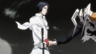 Uryū prevents Ichigo from carving up Ulquiorra's body.