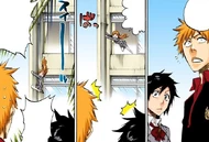 Ichigo and Tatsuki are alarmed by Orihime sliding down the pole to the ground.