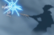 Uryū fires a Seele Schneider at one of Ryū's shadow afterimages.