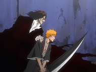 Zangetsu guides Ichigo in battle with Kenpachi Zaraki.