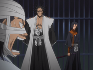 Yumichika and Kenpachi shock Ganju with their arrival.