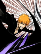 Ichigo fires a Getsuga Tenshō at Gin.