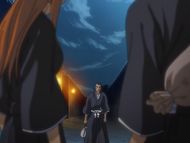 Makizō Aramaki confronts Orihime and Uryū.