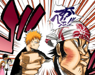 Yoruichi is shocked to see Ichigo punch Ganju Shiba away.