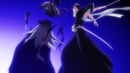 Byakuya cuts an Illusion of Kōga in half.