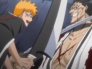 Kenpachi continues to fight Ichigo despite his injuries.