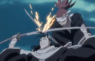 Byakuya blocks Renji's attack.