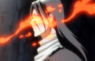 Some of Yamamoto's flames stream past Byakuya's face.