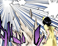 Rukia watches as Hiyori takes off with Orihime in tow.