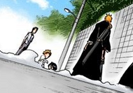 Ichigo confronts Uryū as Rukia and Kon stand by.