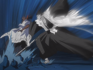 Kenpachi nearly hits Tōsen with a blind attack.