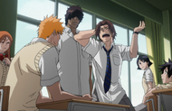 Mizuiro watches as Keigo Asano is shocked by Ichigo Kurosaki's lack of attention to him.