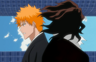 Ichigo and Zangetsu converse in his inner world.