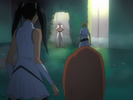 Grimmjow approaches Orihime, Loly, and Menoly.