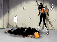 Yoruichi brings Ichigo to a hidden location.