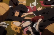 A snoring Rangiku lies on the ground.