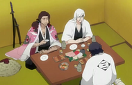 Ukitake, Kyoraku, and Amagai drinking