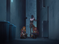 Rangiku, Sado, and Noba hide in an alleyway.