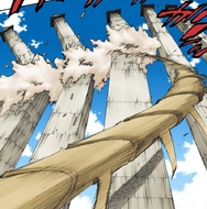 Renji's Bankai, Hihiō Zabimaru, slams through several towers as it pursues Byakuya.