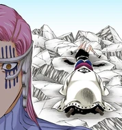 Mayuri kneels beside a desiccated Nemu.