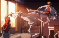 Orihime opens the window when Ichigo kicks Asguiaro Ebern off his bed.