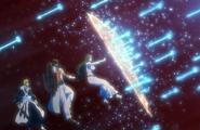 Orihime shields Ichigo from Licht Regen with Santen Kesshun.