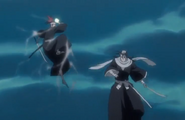 Renji appears behind Byakuya.