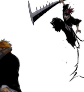 Renji leaps into the air to attack Ichigo after releasing his Shikai, Zabimaru.