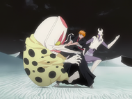 Ichigo attacks Dondochakka Birstanne with a sheathed Zangetsu.