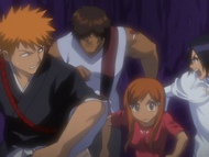 Orihime and her friends run through the Dangai.