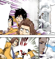 413Friends flee.png (842 KB) Ichigo's friends flee from Aizen, with Don Kanonji carrying Michiru, after he emerges unscathed from the explosion.