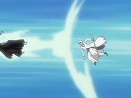 Zangetsu grabs Ichigo and throws him away.