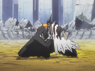 Ichigo and Kenpachi grievously wound each other.