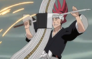 The segments of Zabimaru grind across Renji's blade.