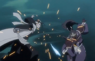 Byakuya knocks Senbonzakura away.