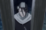 Byakuya approaches the cage which Tobiume and Haineko are imprisoned in.