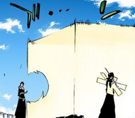 Byakuya dispels the barrier he placed around Hanatarō and Rukia.