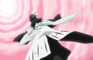 Byakuya leaps through the tunnel formed by Senbonzakura.