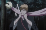 Tobiume's sash wraps around Ichigo's throat.