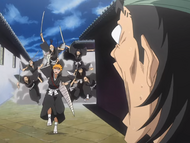 Ganju is shocked to see Ichigo being chased by more Shinigami.