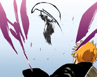 Zangetsu leaps into the air to attack Ichigo.