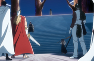 Gerard and the other Schutzstaffel are confronted by Tenjirō Kirinji, Senjumaru, and Kirio Hikifune.