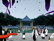 Kenpachi and the other captains notice Jigoku no Rinki around Ukitake's grave.