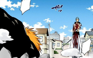 Grimmjow approaches a grievously wounded Ichigo.