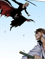 Aizen is attacked from above by Ichigo.
