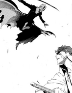 Aizen being attacked from above by Ichigo.