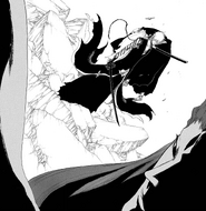 Ichigo confronts Aizen in Karakura Town while carrying an unconscious Isshin.