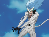 Grimmjow Jaegerjaquez holds his hands out in front of him in preparation for activating Desgarrón.