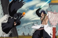 Ichigo attacks Amagai with his Hollow mask-enhanced Bankai.