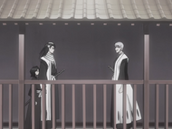 Rukia stands by while Gin Ichimaru and Byakuya talk.